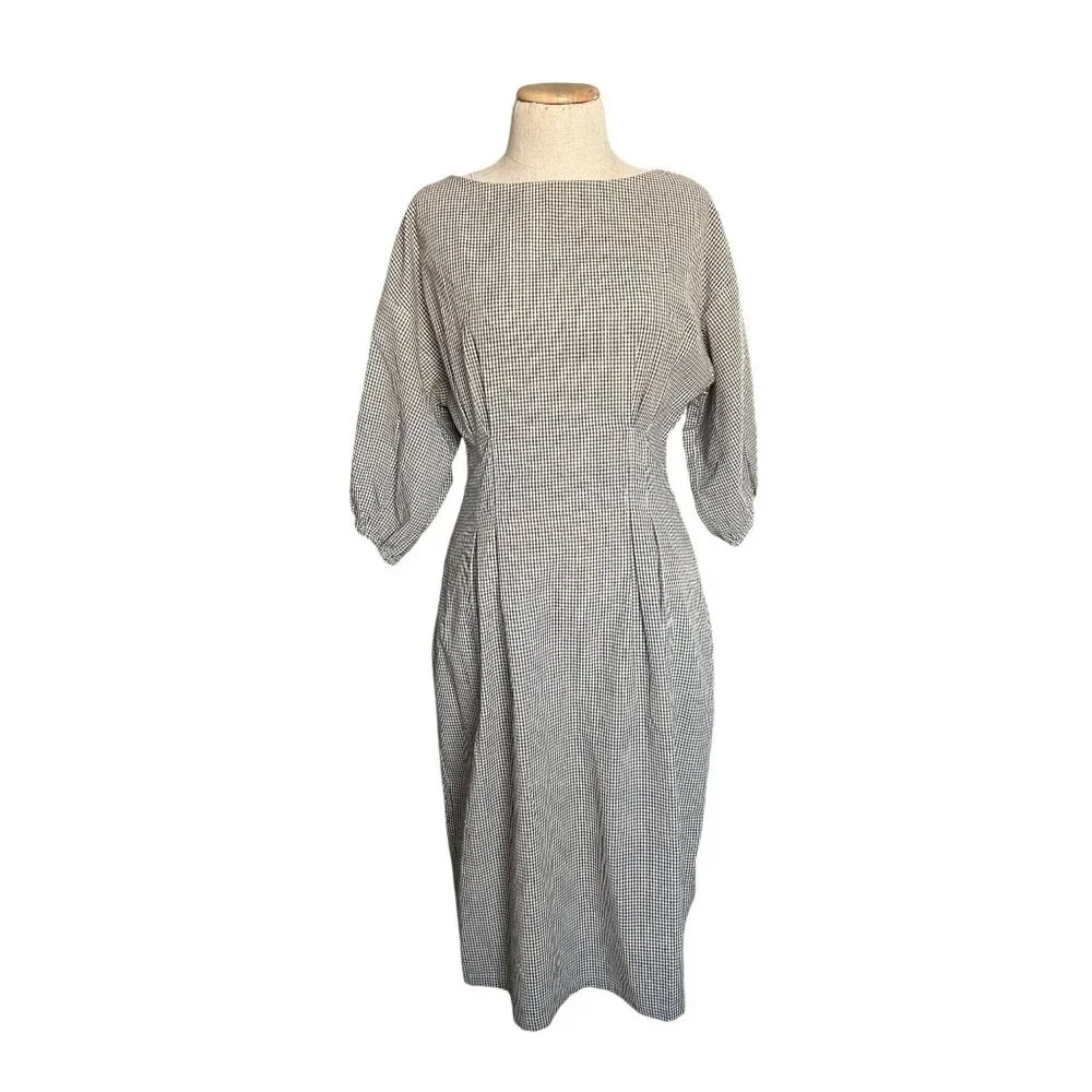 St. Agni Womens Sz Medium Linen Midi Forme Dress Brown Checkered Cotton - Picture 2 of 14